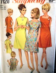 7120 SIMPLICITY 1967 NO COLLAR SS/SLVLSS 3 NECKLINE DRESS PATTERN 14 34;16 36;18 38B CHOICE